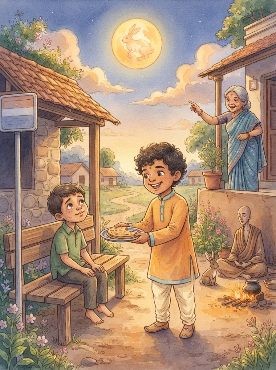 Jataka Tales: A small brown hare beside a campfire with a tall stranger