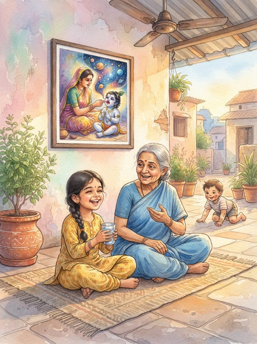 Krishna Leela: A grandmother telling a story under a ceiling fan