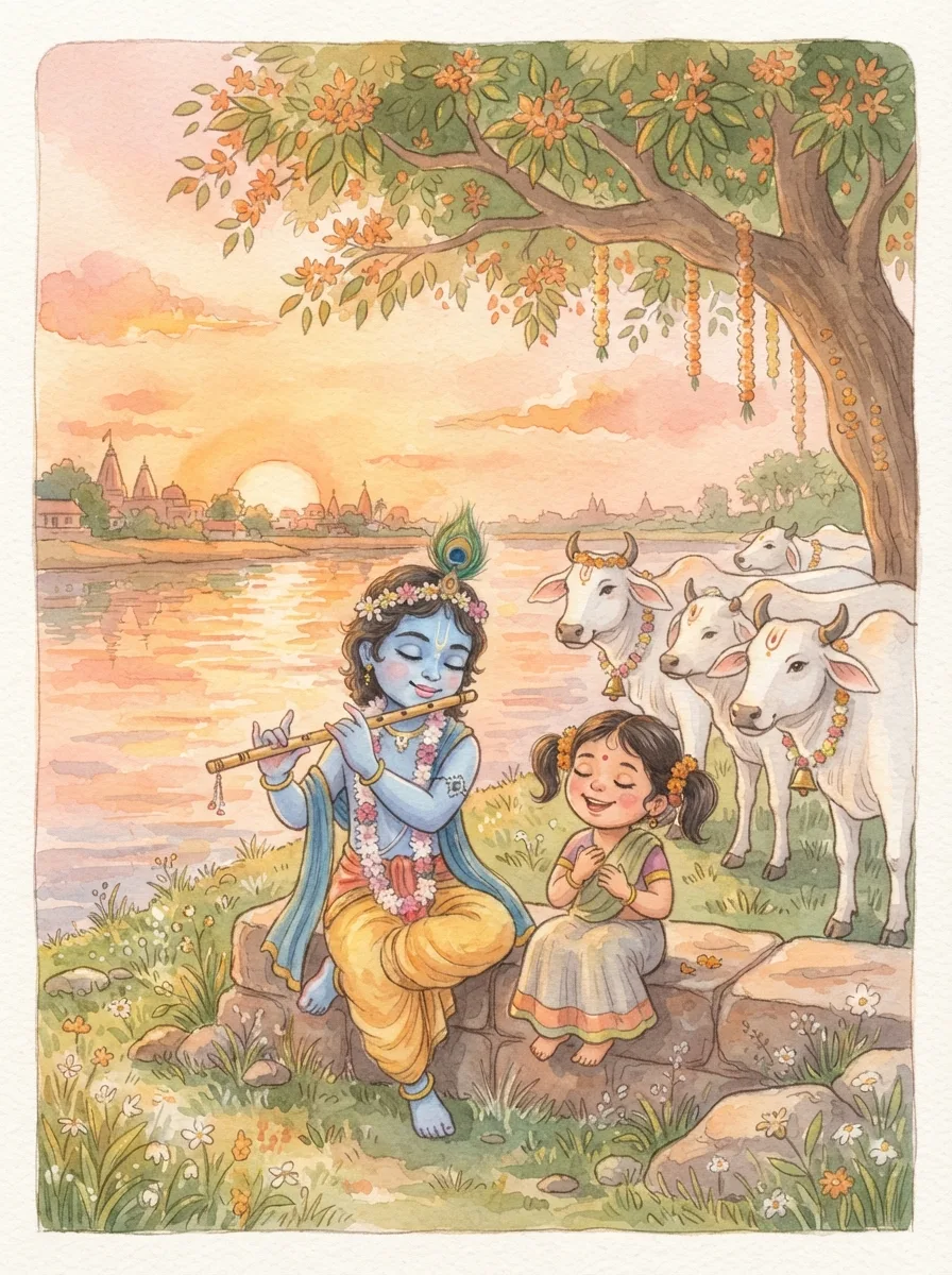 Krishna Leela: A blue boy playing a bamboo flute under a kadamba tree
