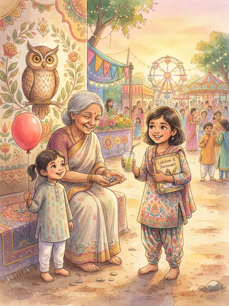 Lakshmi & Saraswati: A wise brown owl with wide golden eyes on a painted wall