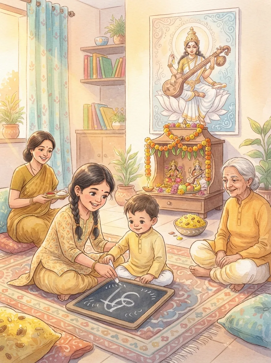 Lakshmi & Saraswati: A family in yellow clothes around a small home shrine