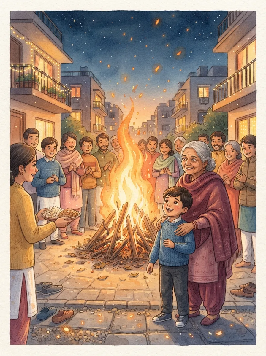 Prahlad & Narasimha: A tall Holika bonfire in a housing society courtyard