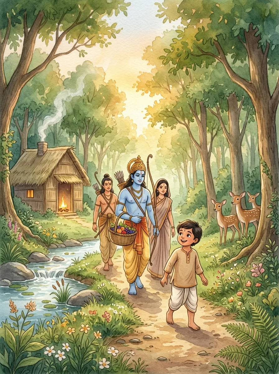 Ramayana: A leaf-thatched hut in a green forest