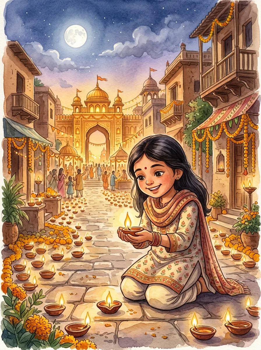 Ramayana: A city street lined with hundreds of clay lamps
