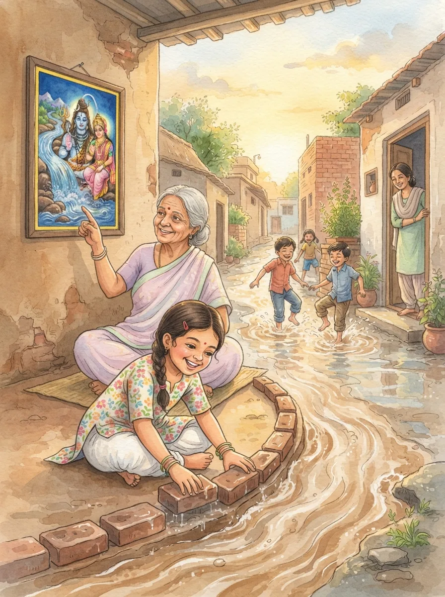 Shiva & Parvati: A grandmother pointing at a painting of a river pouring into matted hair