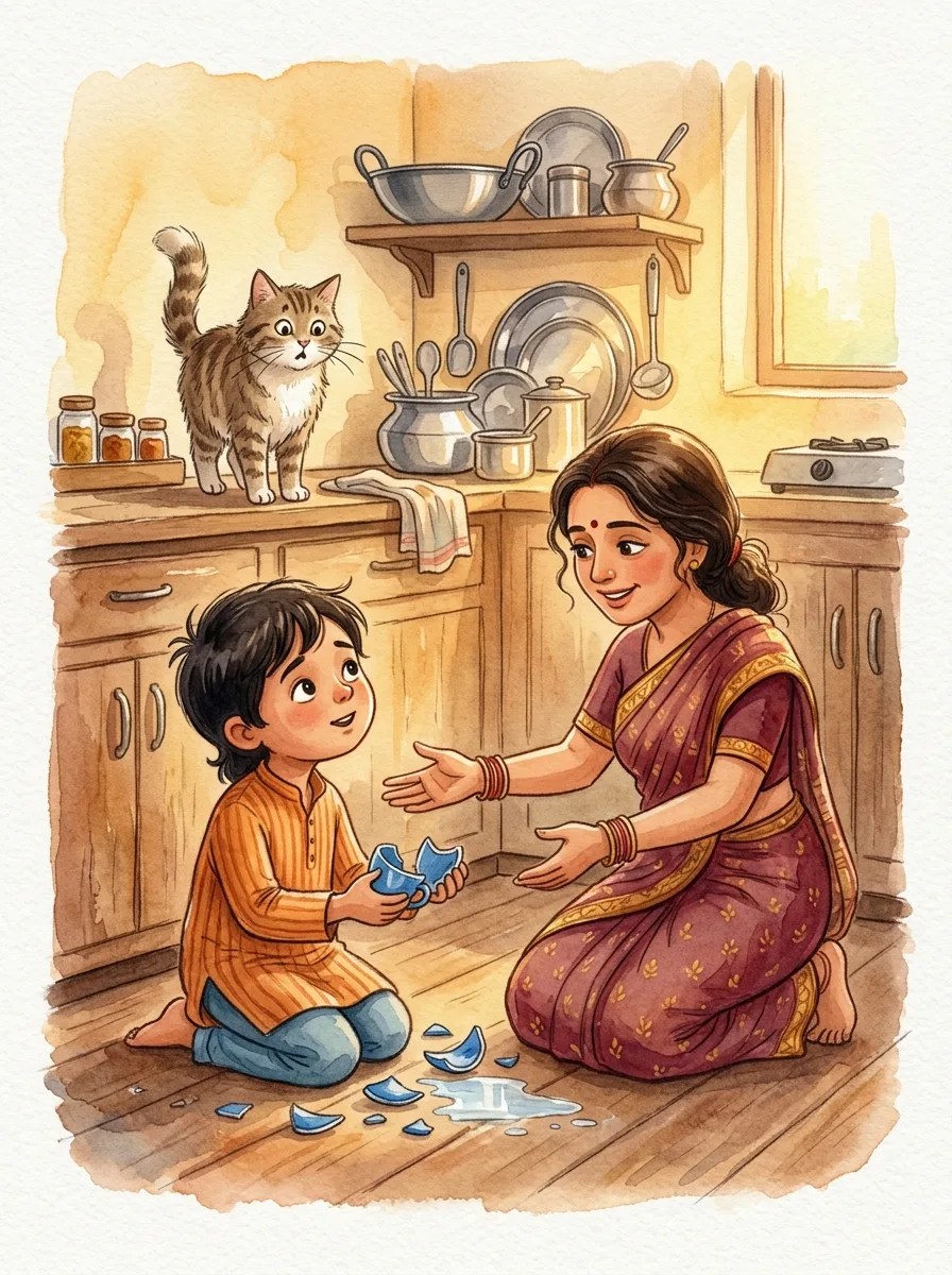 Upanishads: A broken blue cup on a kitchen floor