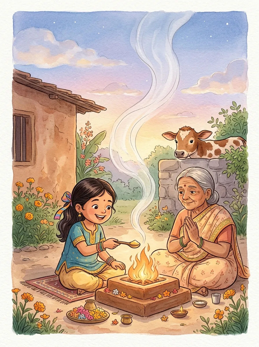 Vedas: A small square fire altar with orange flames