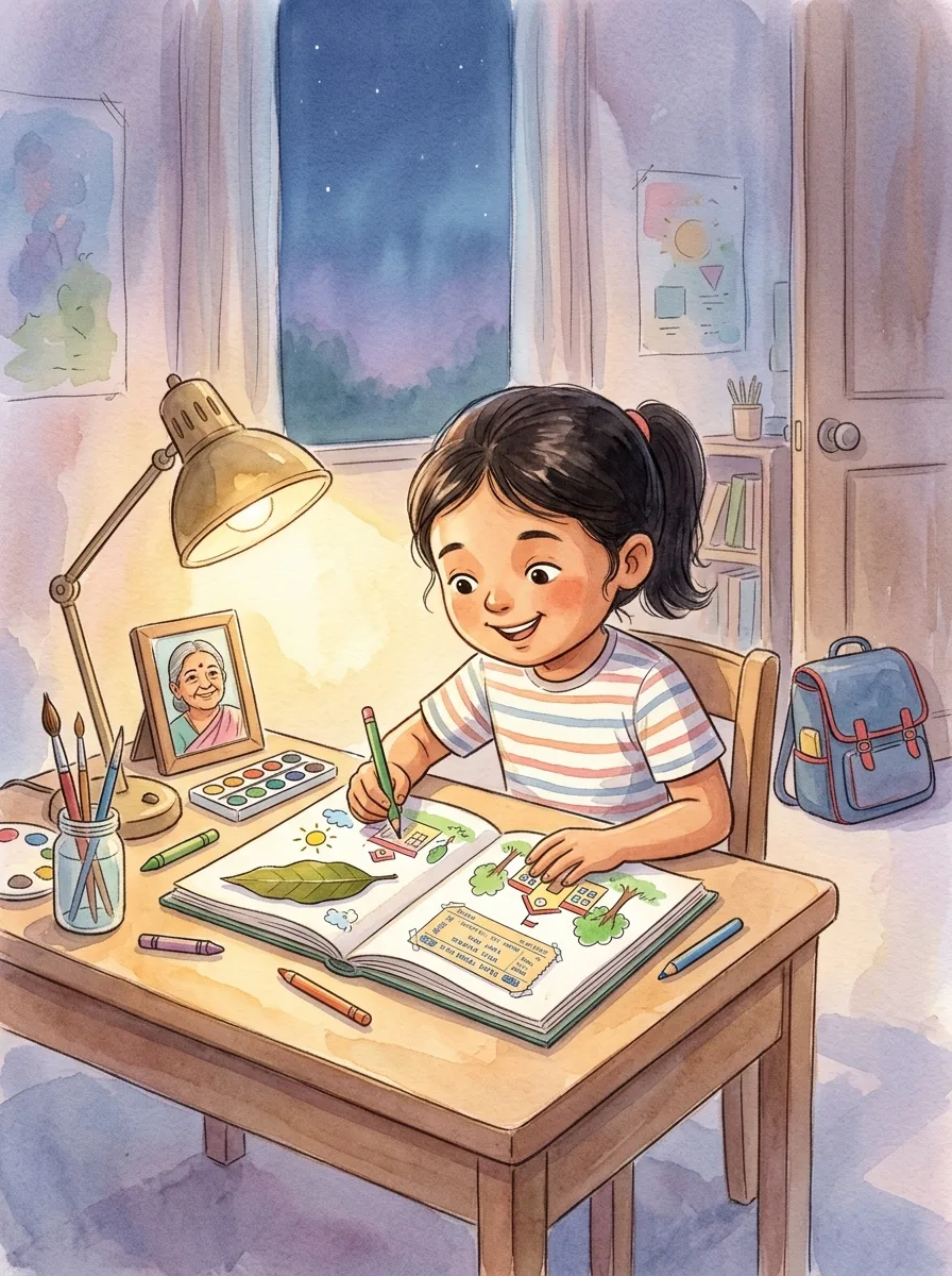 Back to School: A child at a study table late at night drawing in a scrapbook