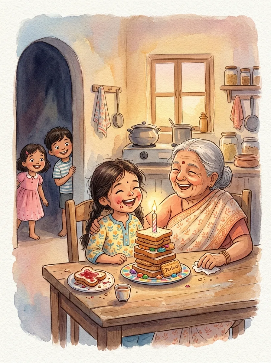 Birthday: A candle-lit kitchen with a wobbly tower of bread and biscuits