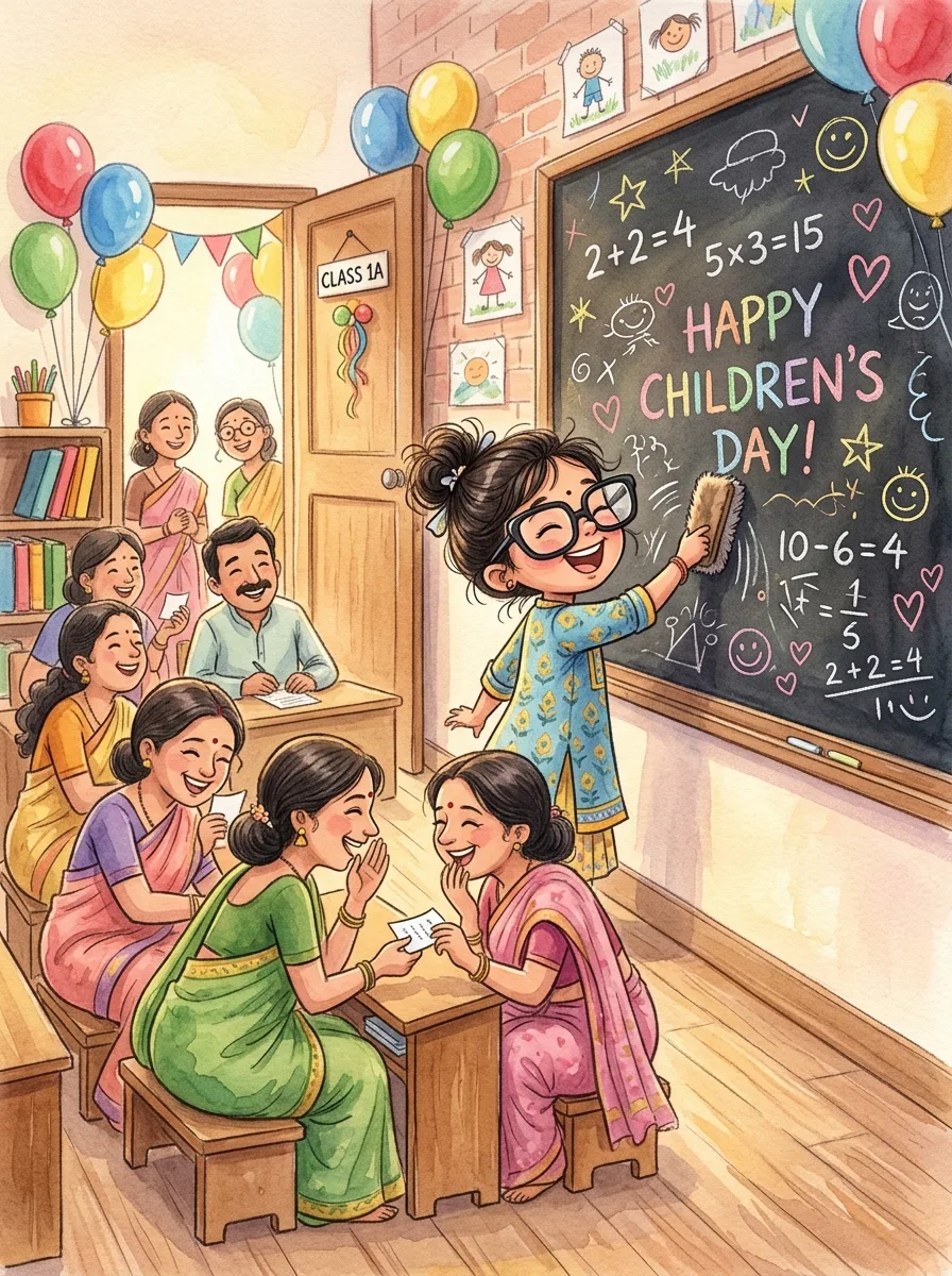 Children's Day: A classroom with teachers squeezed into small benches