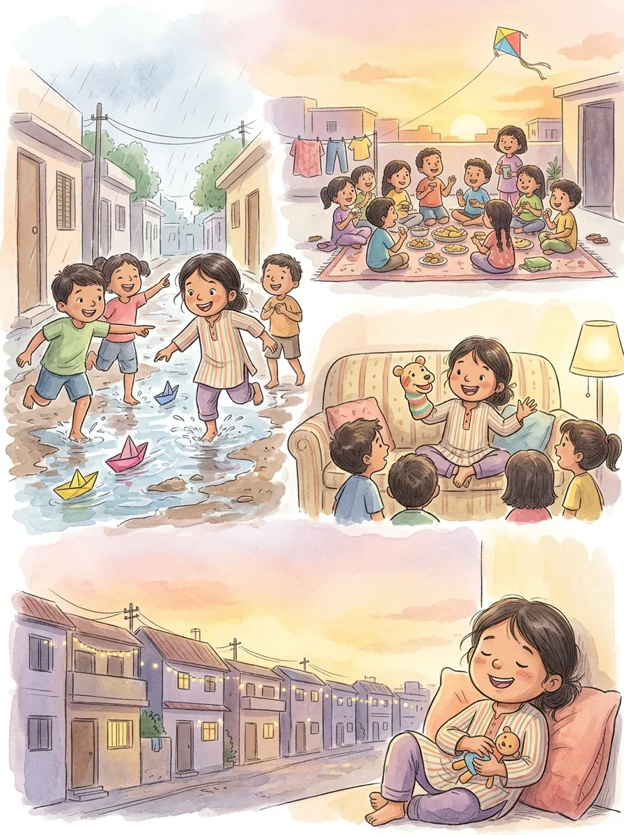 Children's Day: Children racing paper boats in a rain-filled lane
