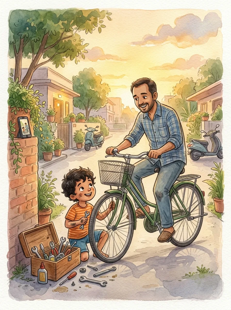 Father's Day: A child with oily hands kneeling beside a bicycle in a driveway