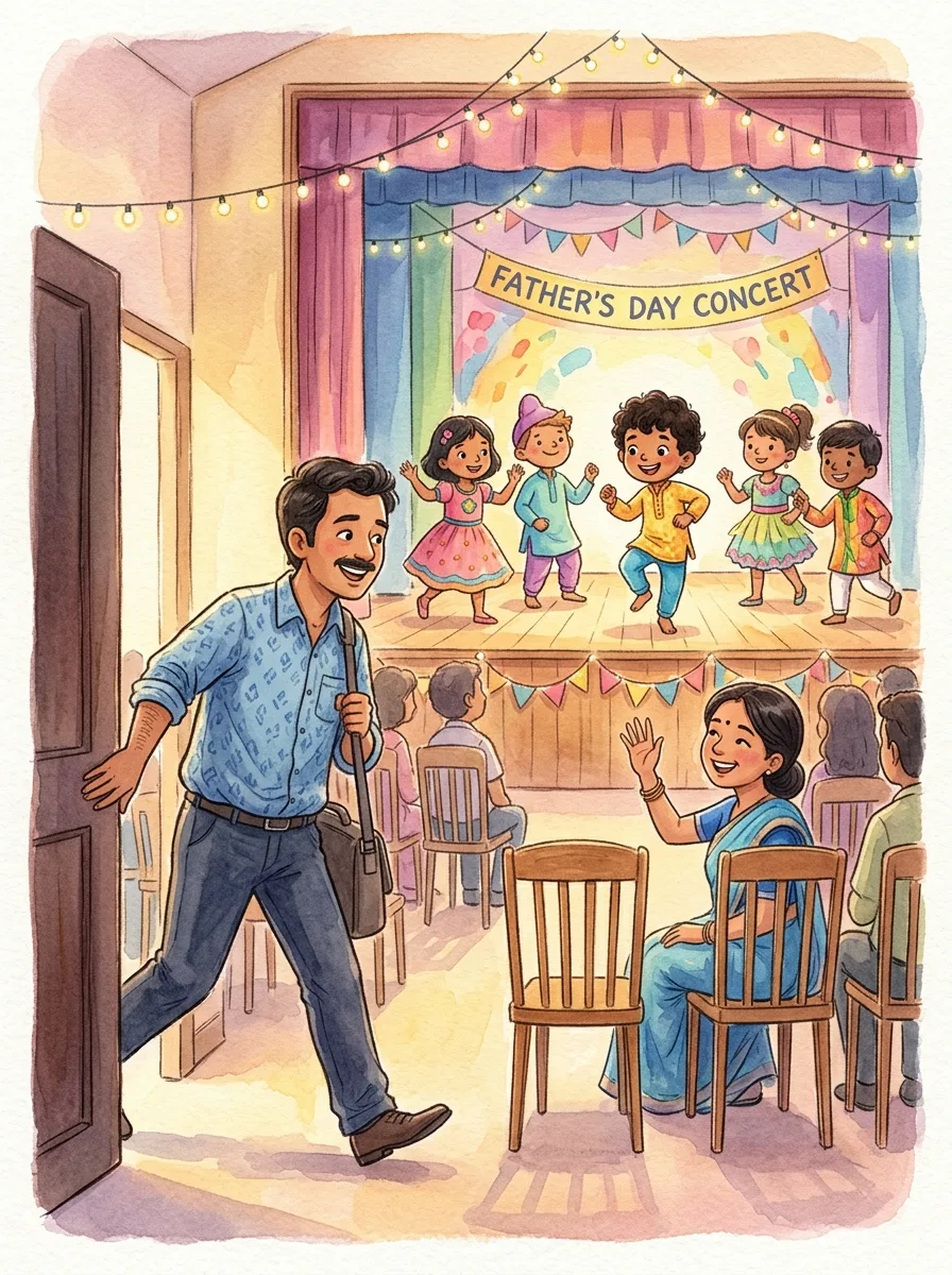Father's Day: A school stage with fairy lights and children dancing