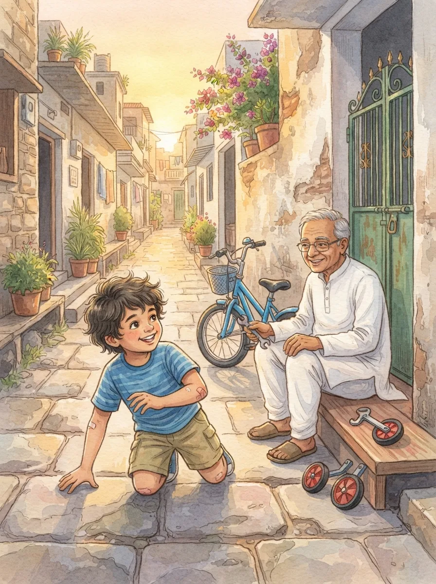 First Bicycle: Two small training wheels lying on a step