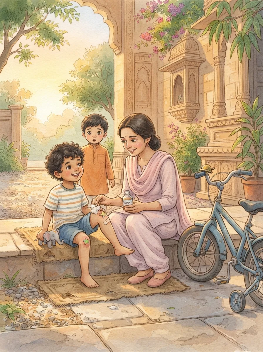 First Bicycle: A child sitting on a step with a scraped knee