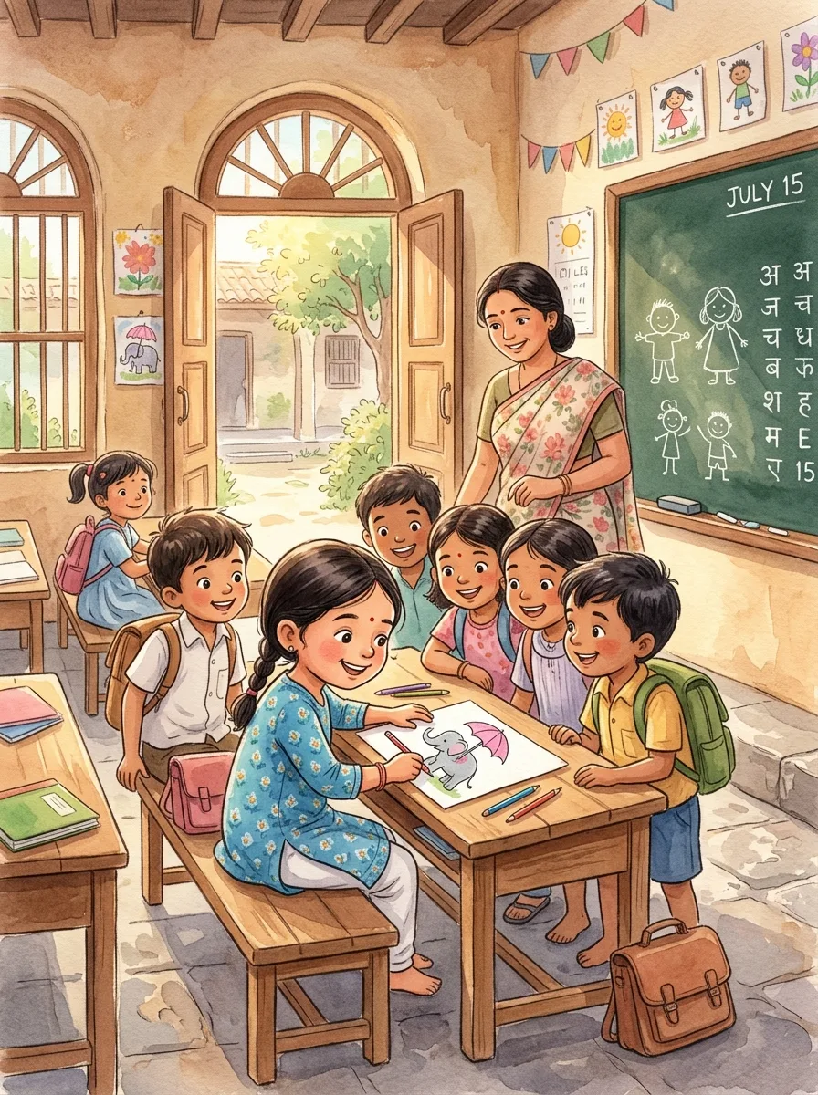 First Day of School: A bright classroom with wooden benches and a green chalkboard