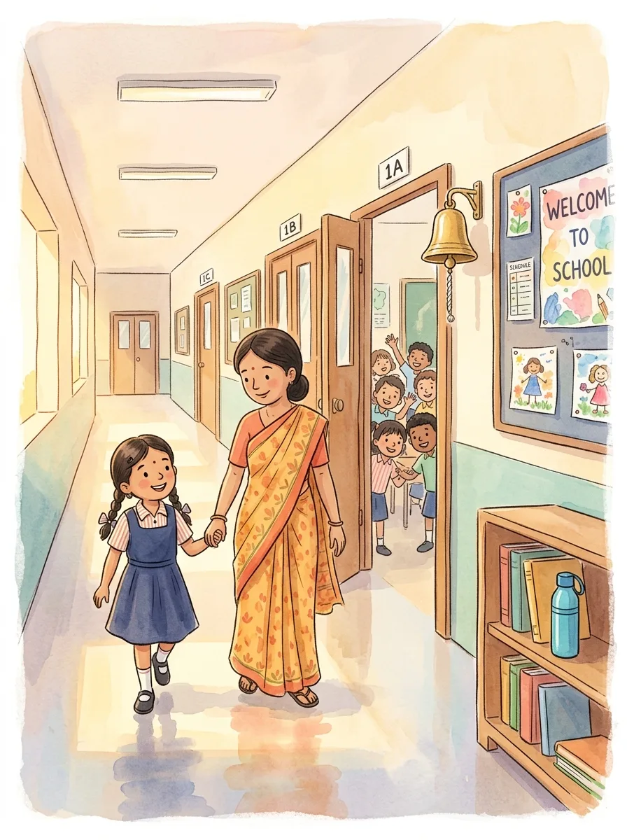 First Day of School: Long school corridors with noticeboards