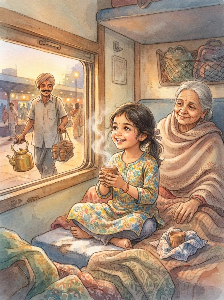 First Train Journey: A chaiwala with a kettle walking along a train window