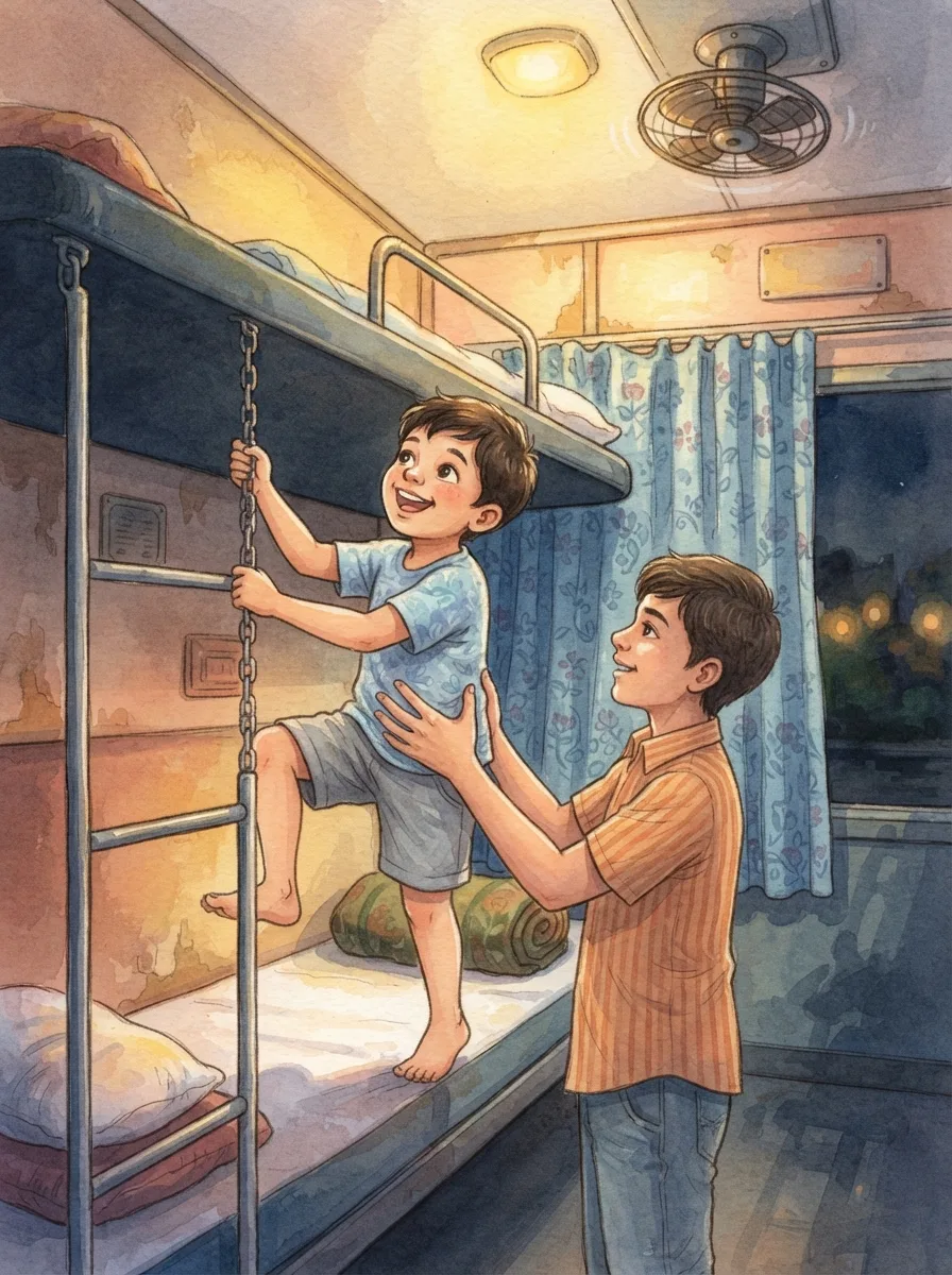 First Train Journey: A train compartment with three berths at night