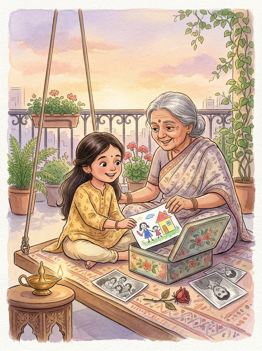 Grandparents' Day: A grandmother and child on a swing with an old tin box