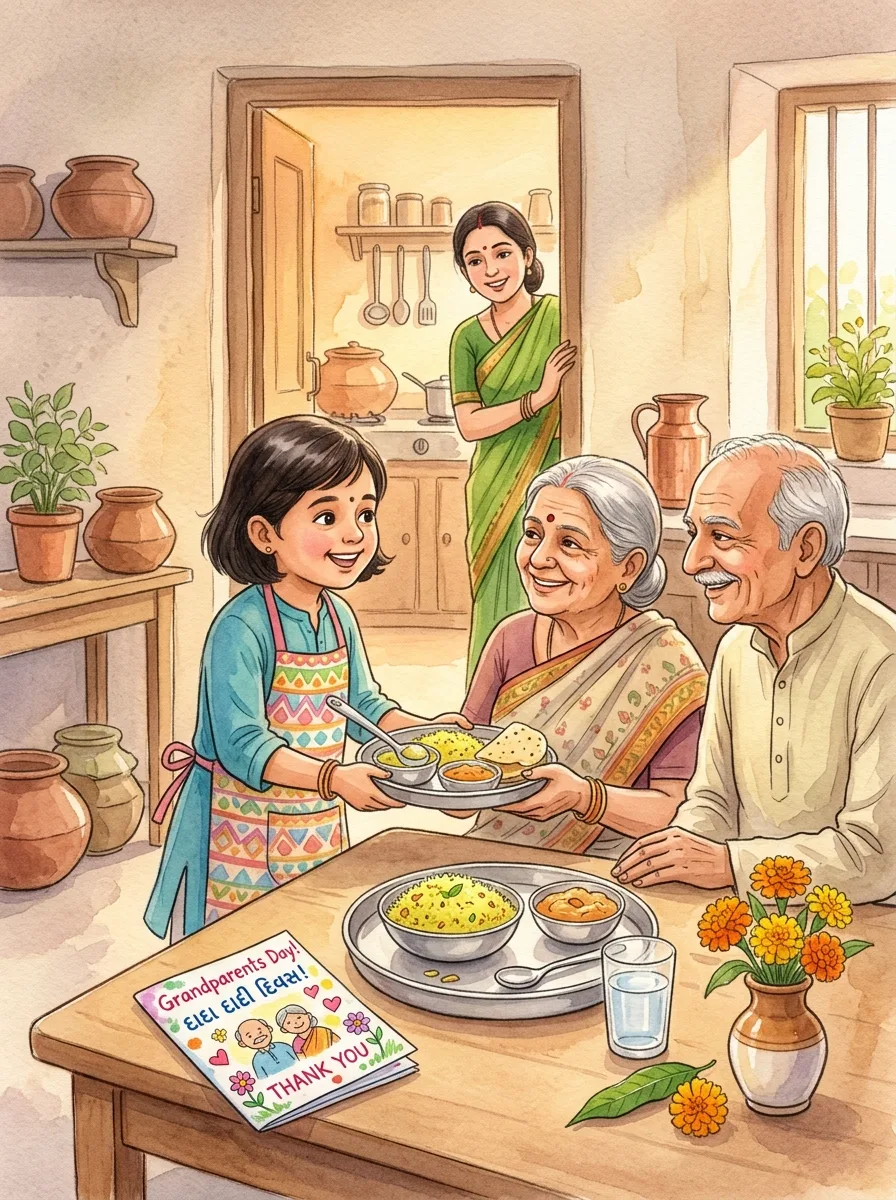 Grandparents' Day: A steel thali with lemon rice and halwa