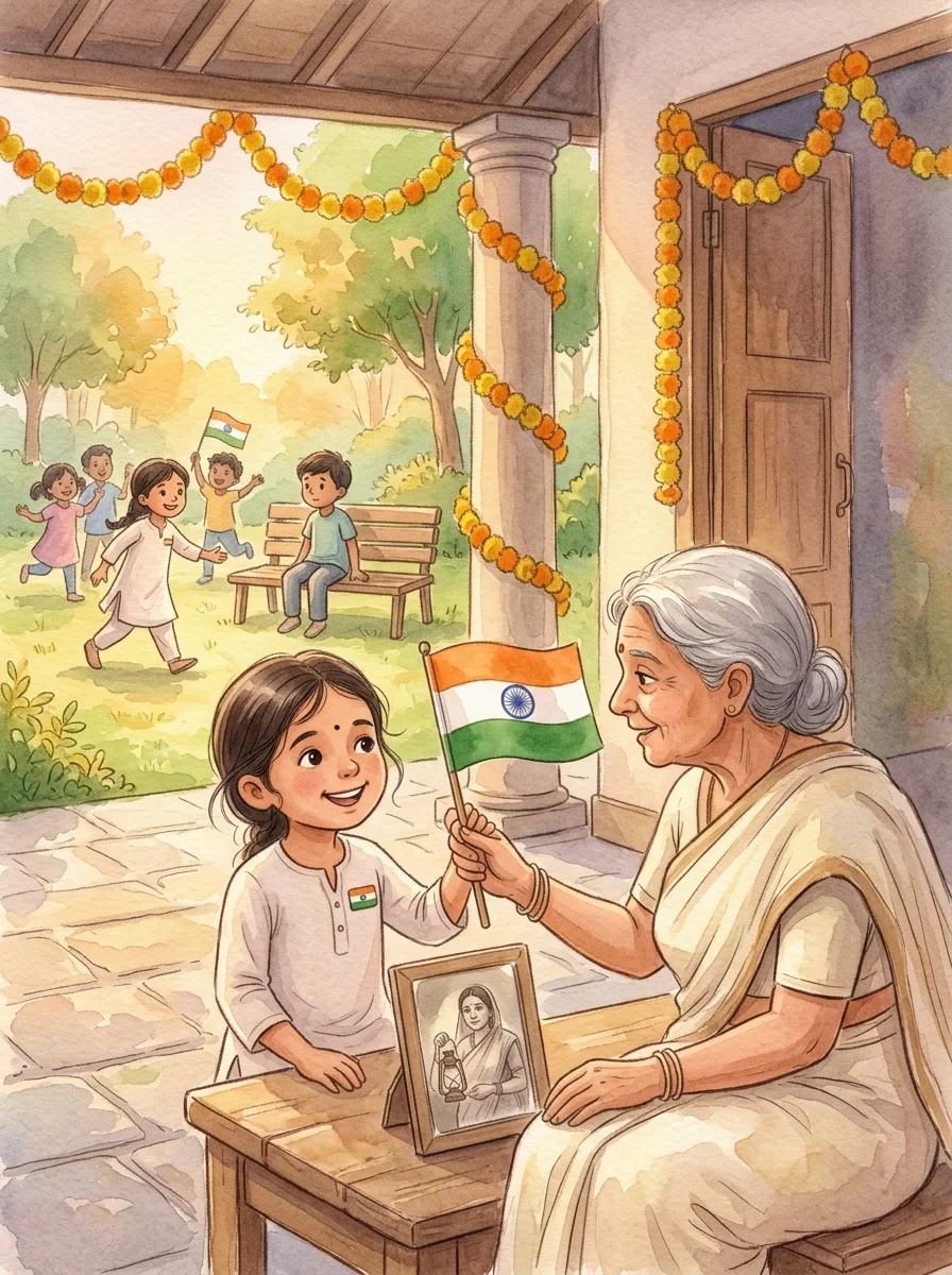Independence Day: A grandmother and child on a veranda with a small paper tricolour