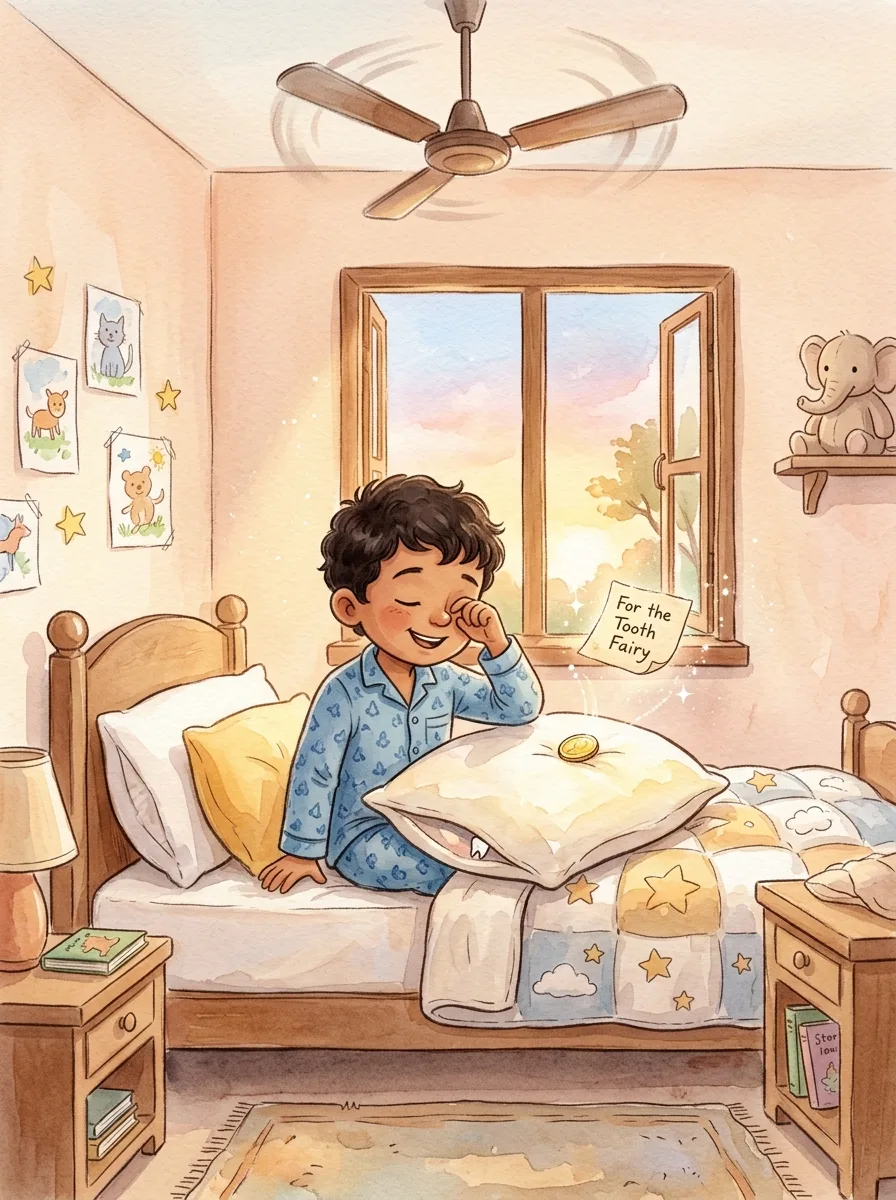 Losing a Tooth: A child's bedroom at night with a ceiling fan and moonlight