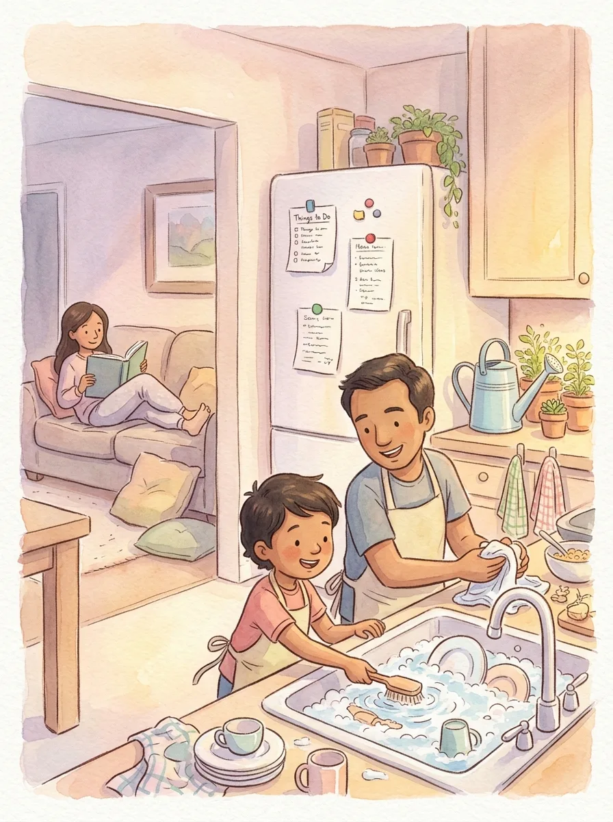 Mother's Day: A mother reading with her feet up on a sofa