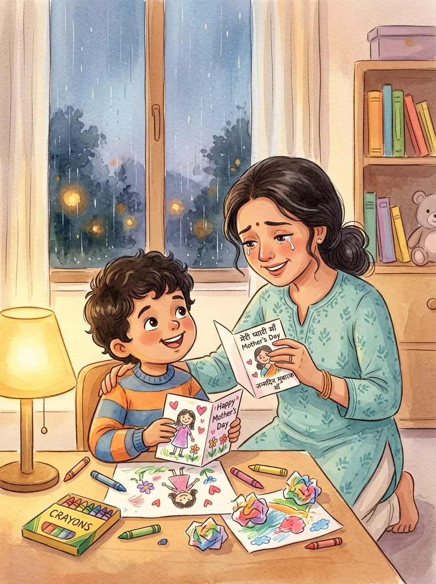 Mother's Day: A child at a desk with crayons and crumpled paper