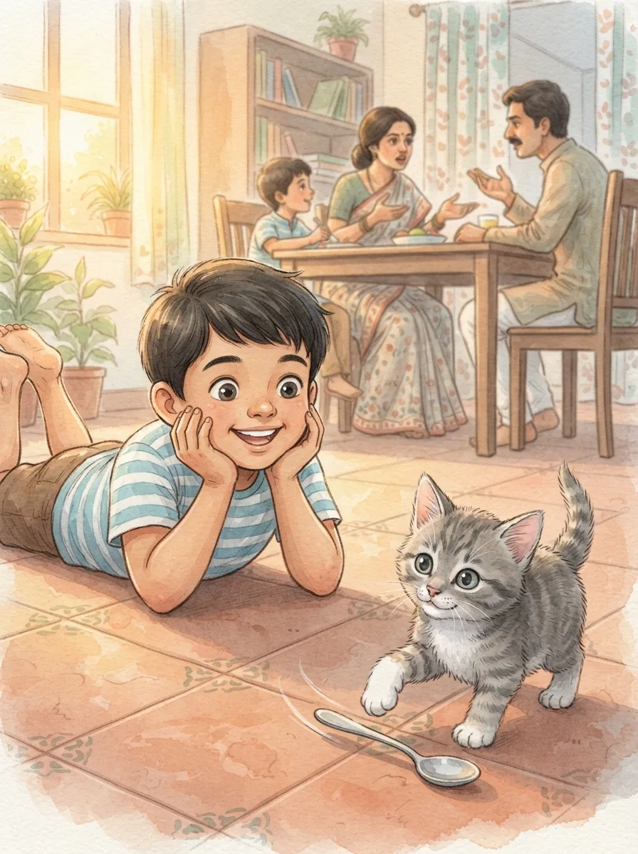 New Pet: A grey kitten with one white paw batting a steel spoon