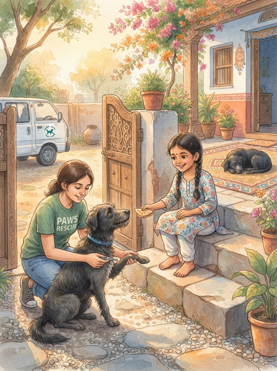 New Pet: A black street dog with a lifted paw outside a gate
