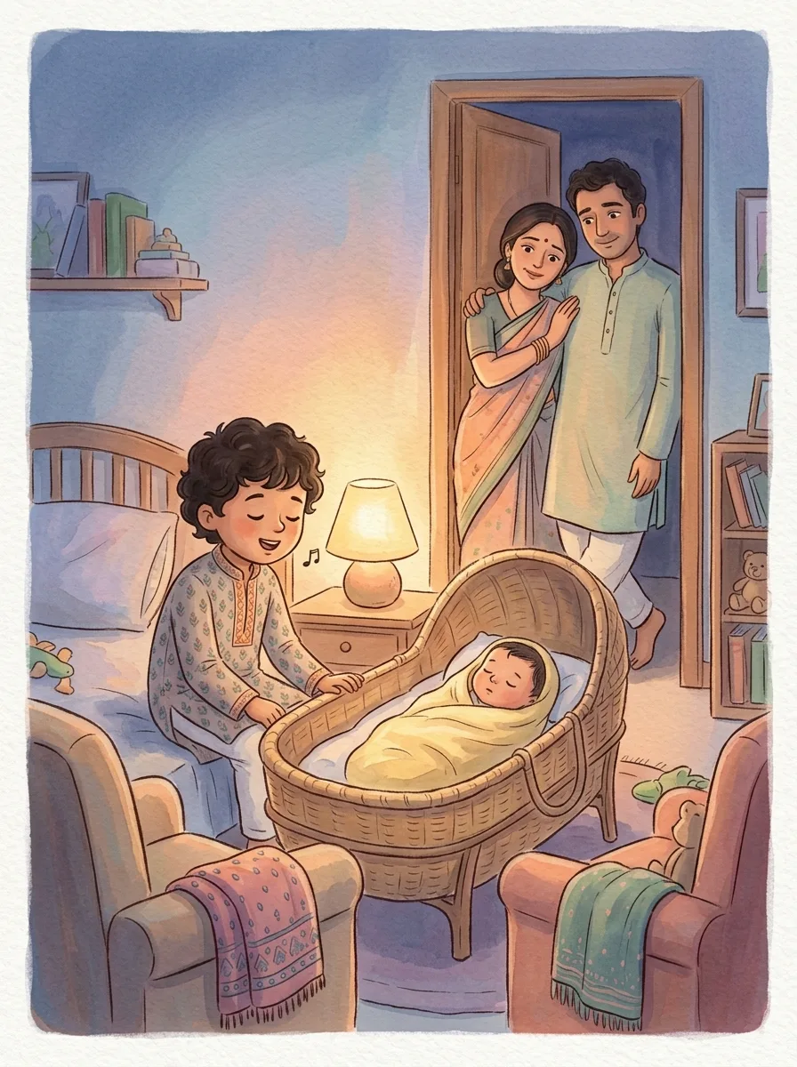 New Sibling: A dim bedroom at dusk with a small night lamp
