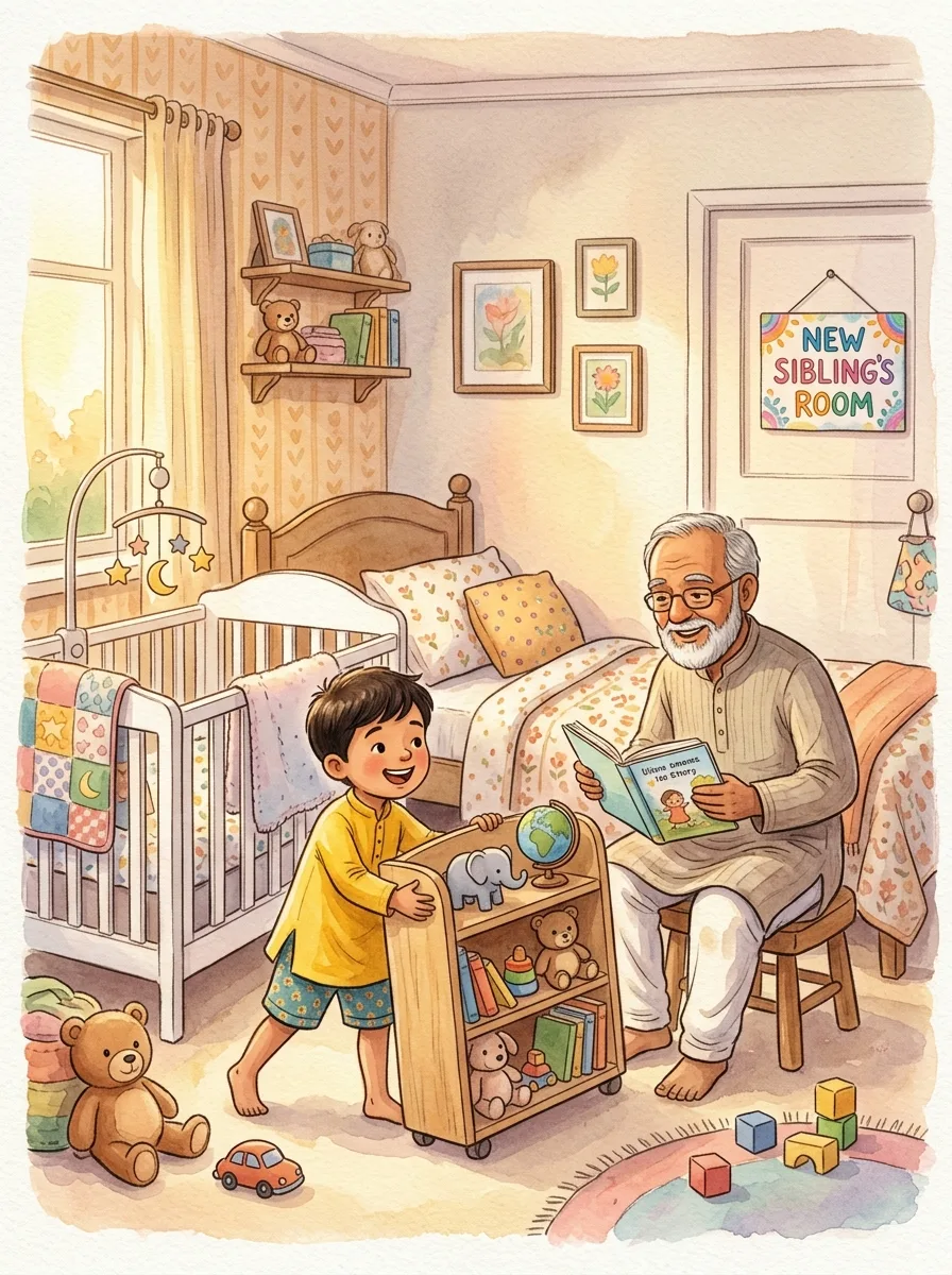 New Sibling: A child's bedroom with a cot beside a bed
