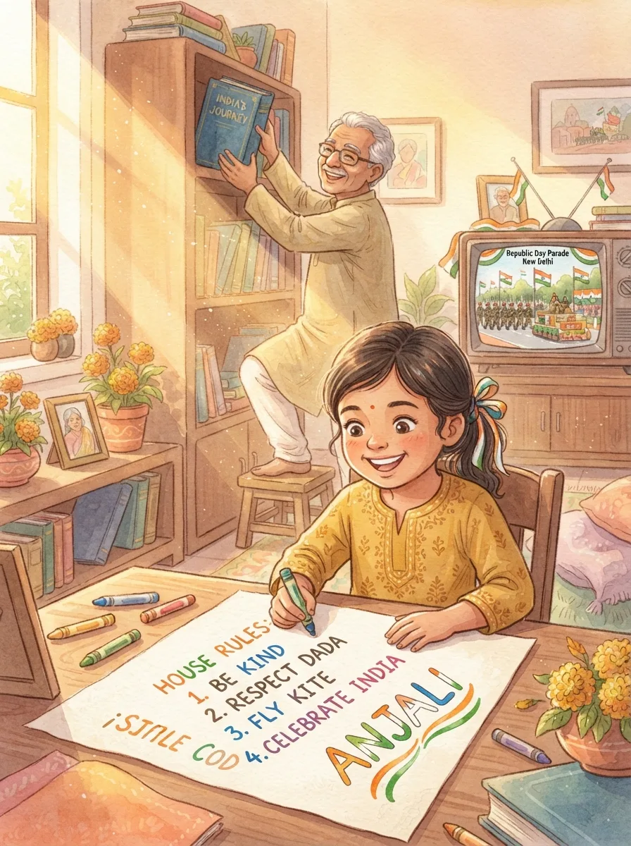 Republic Day: A grandfather taking a thick book down from a high shelf