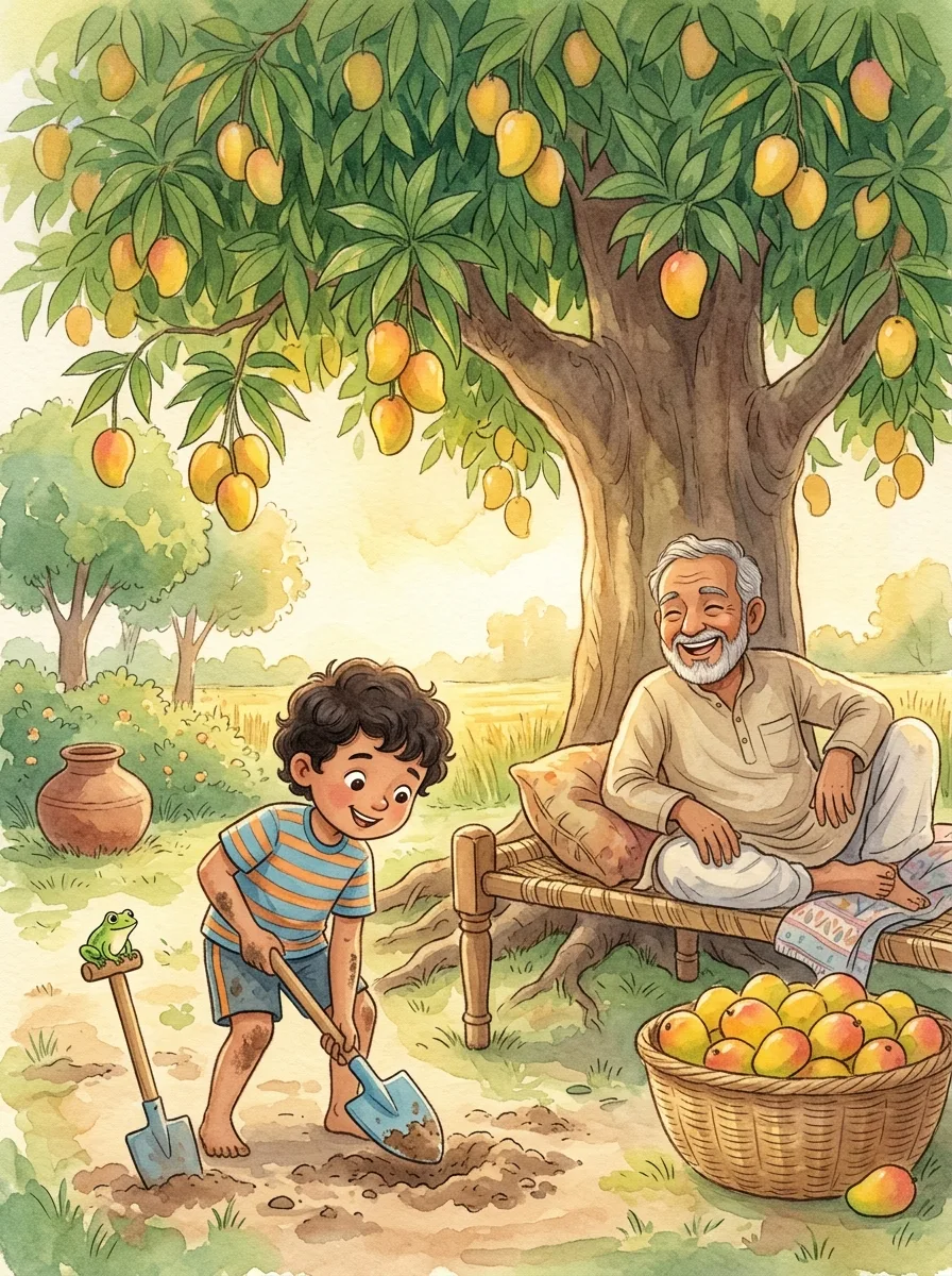 Summer Vacation: A big mango tree heavy with ripe fruit