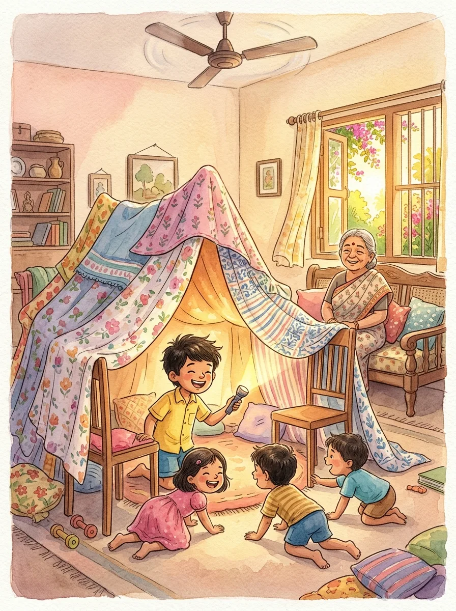 Summer Vacation: A blanket fort made of chairs and bedsheets in a living room