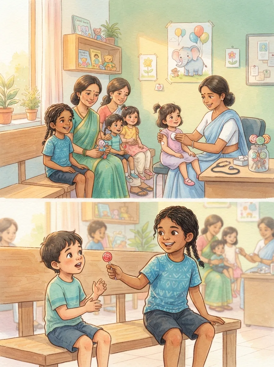 Visiting the Doctor: A clinic bench with a row of children and parents
