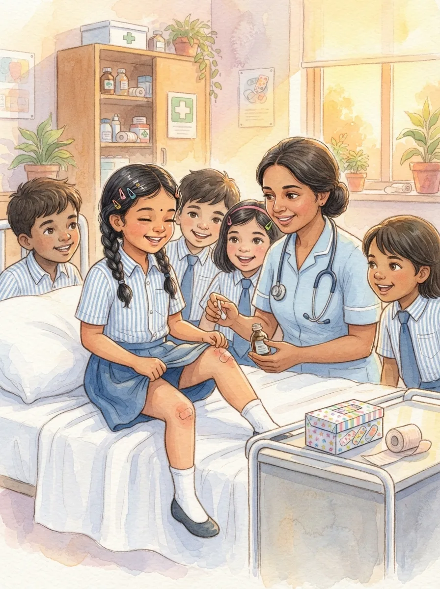 Visiting the Doctor: A school sick room with a white bed and a cupboard