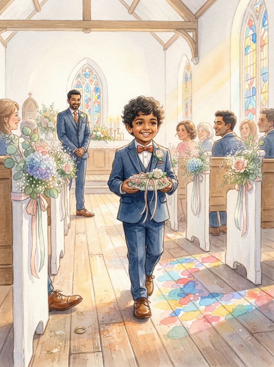 Wedding in the Family: A white church aisle with flowers on the pews