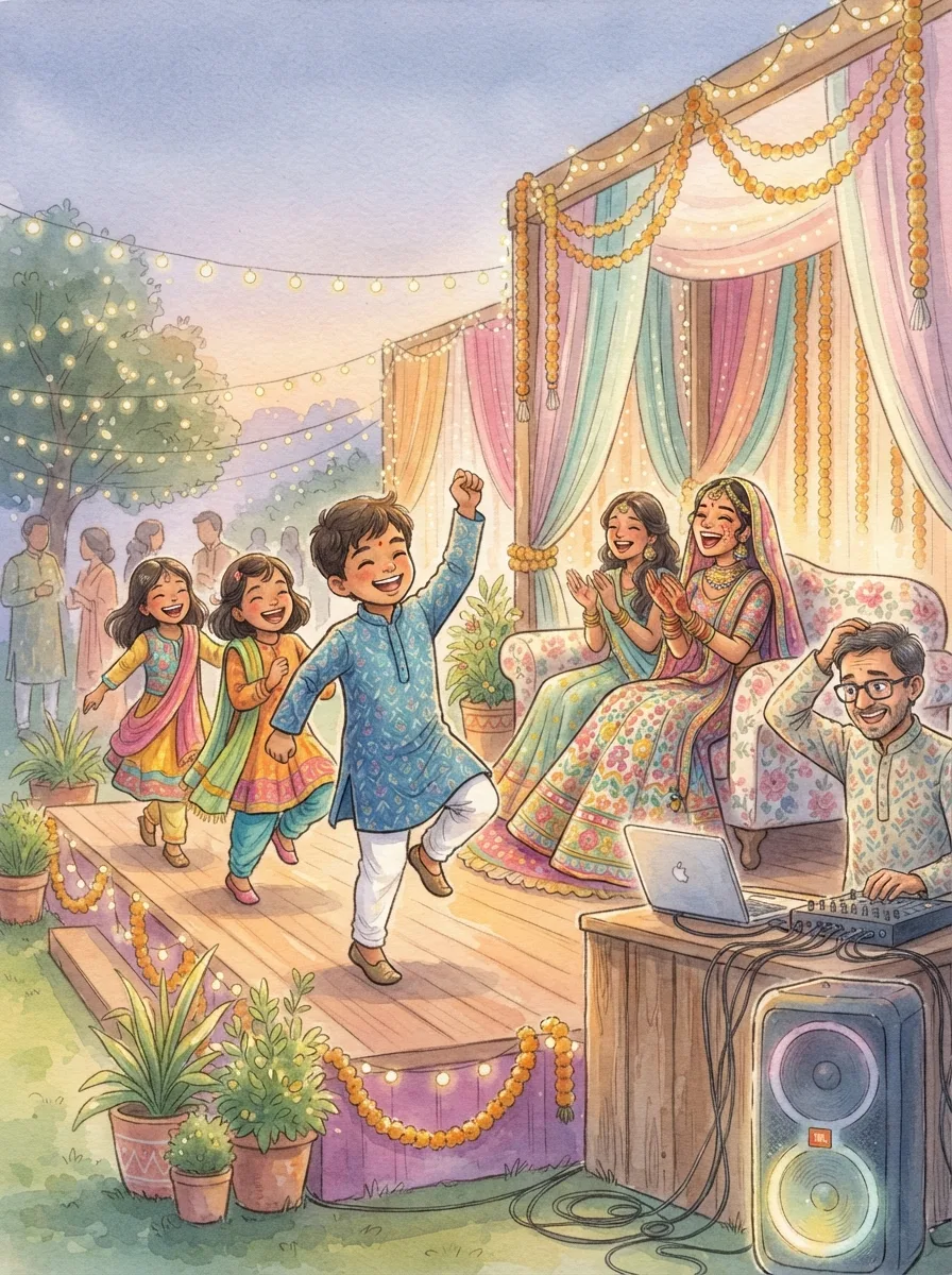 Wedding in the Family: A sangeet stage with fairy lights and a big speaker