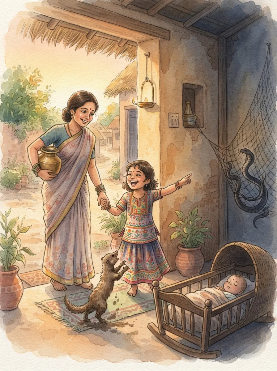 The Brahmin and the Mongoose: A woman with a brass water pot on her hip at a doorway