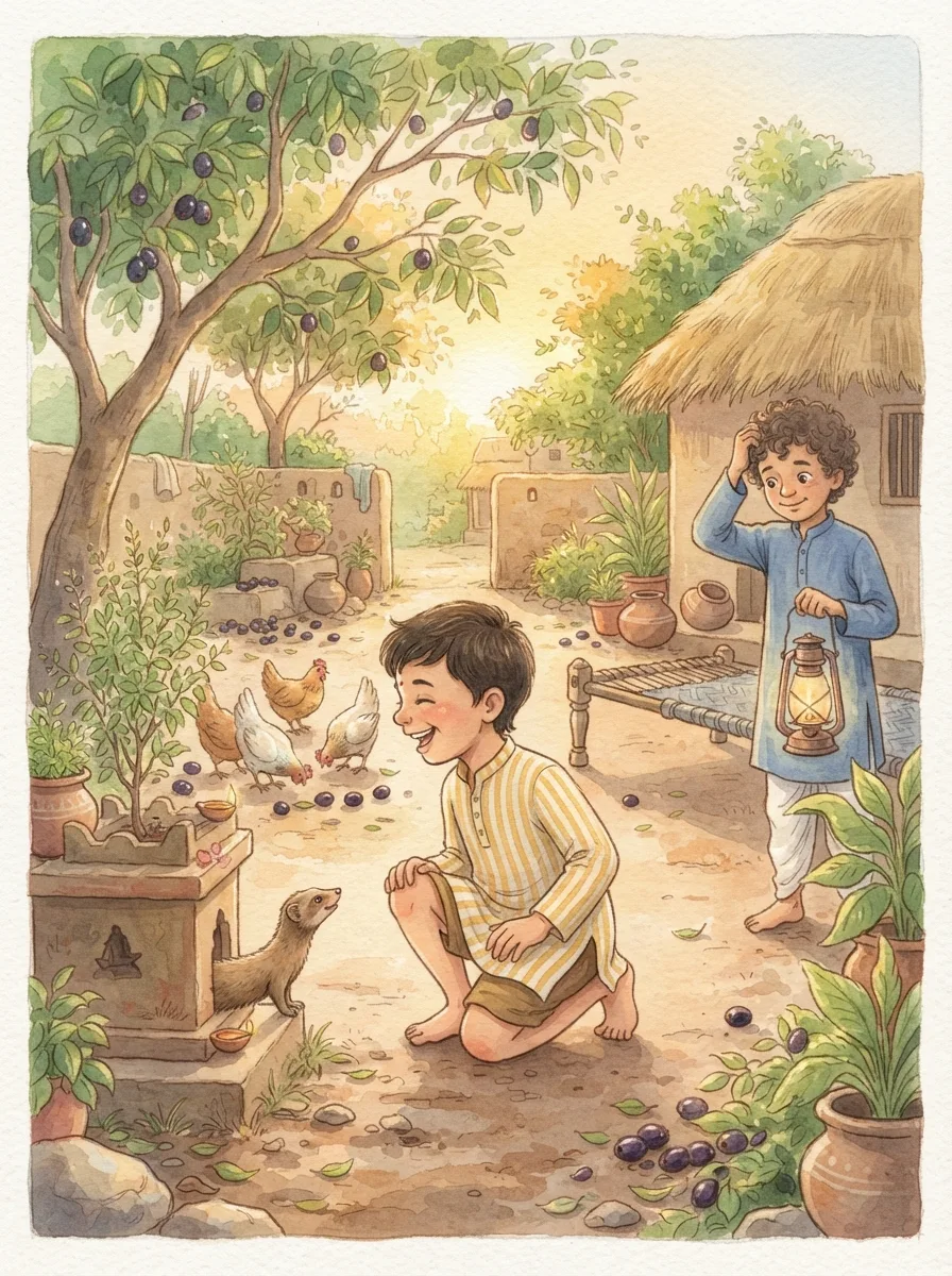 The Brahmin and the Mongoose: A farm courtyard with a tulsi platform and a mongoose peeping out
