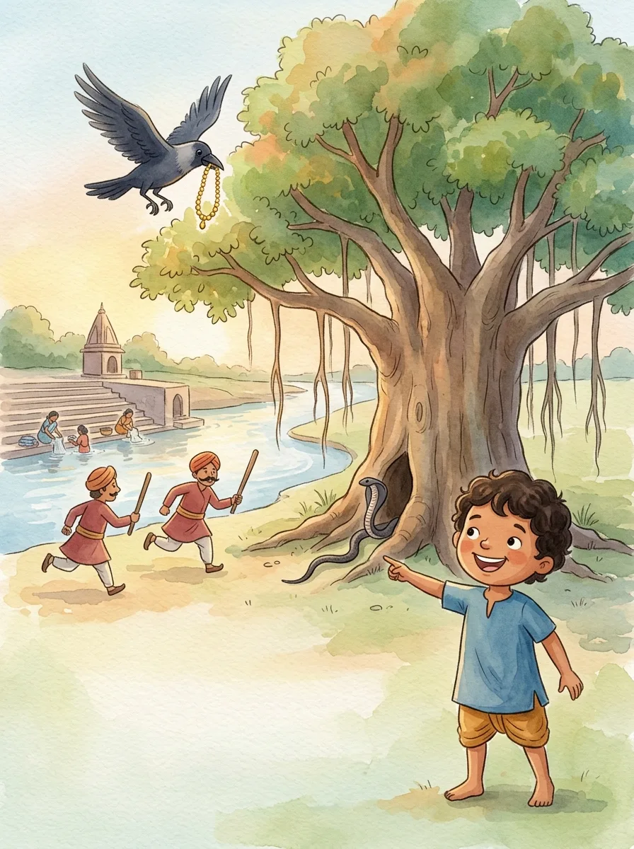 The Crows and the Cobra: A crow flying with a gold necklace in its beak