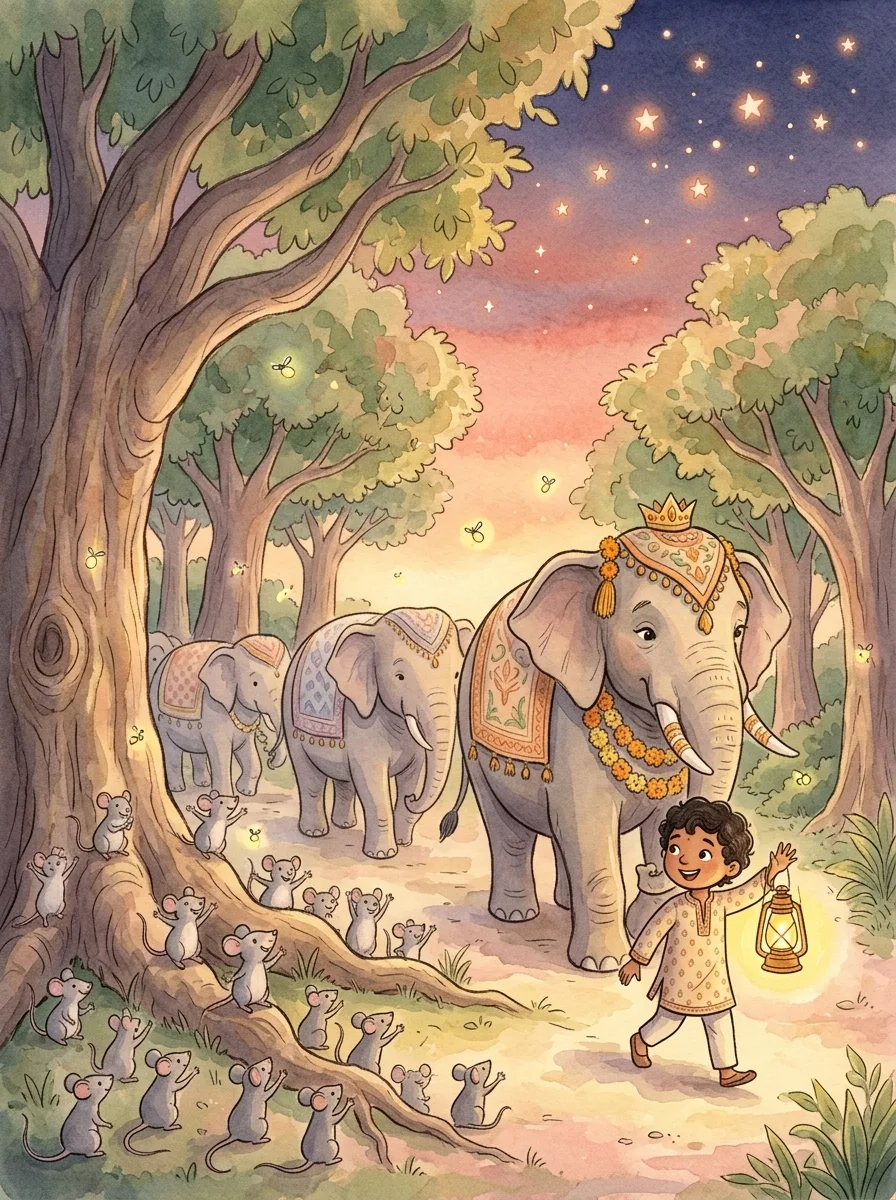 The Elephants and the Mice: A line of elephants walking carefully around a tree