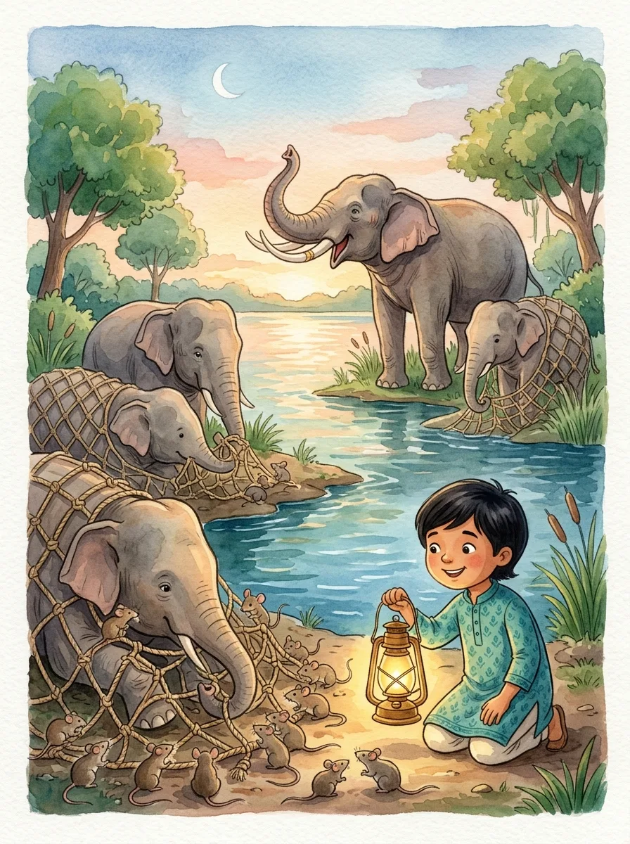 The Elephants and the Mice: Elephants tangled in thick rope nets by a lake