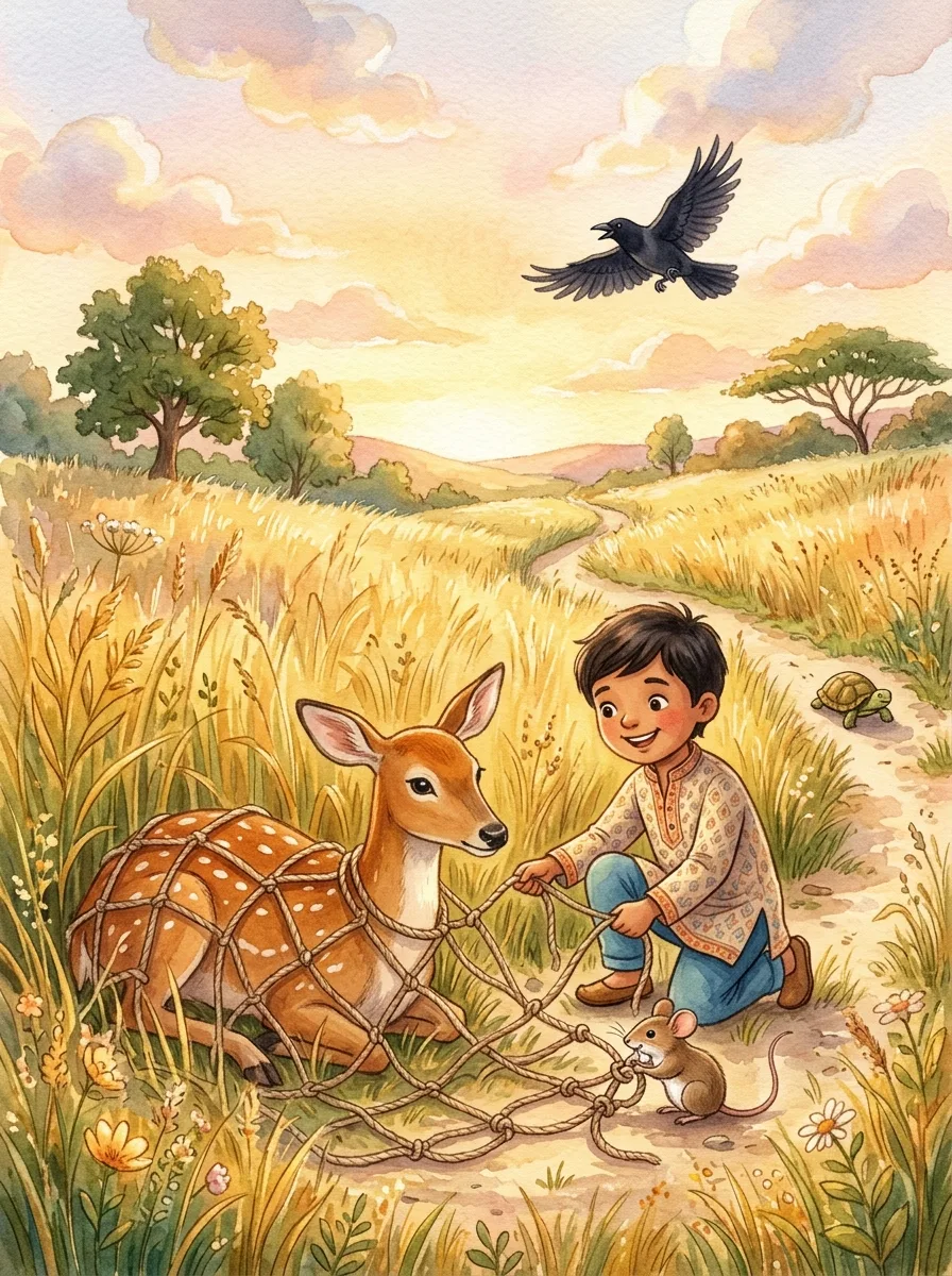 The Four Friends: A deer caught in a rope net in tall golden grass
