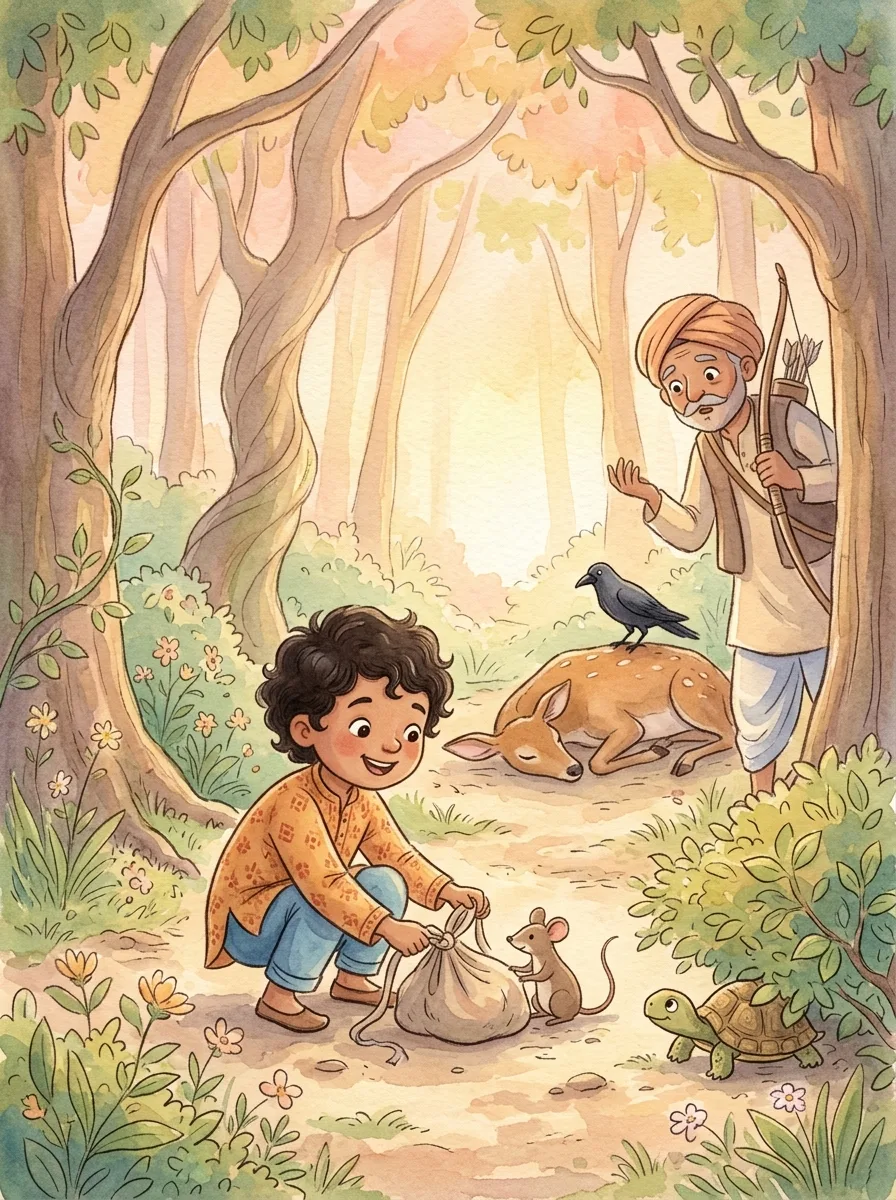 The Four Friends: A puzzled hunter looking at a deer lying still on a forest path