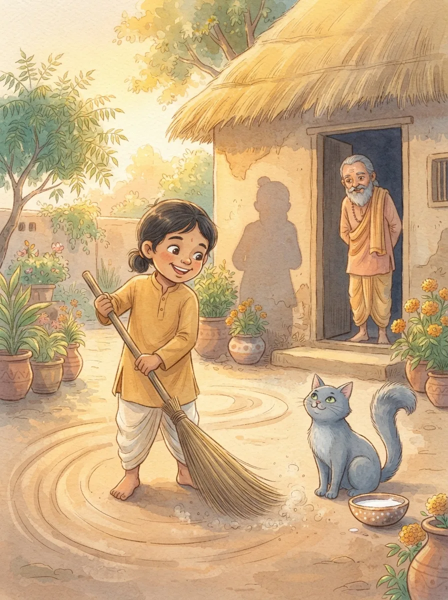 The Hermit and the Mouse: A courtyard swept in neat lines by a child with a broom