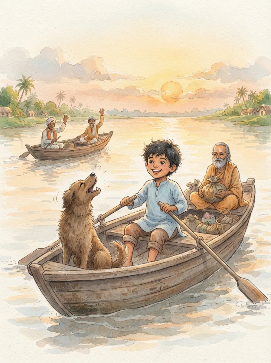 The Hermit and the Mouse: A wooden boat on a wide river with a child at the oars
