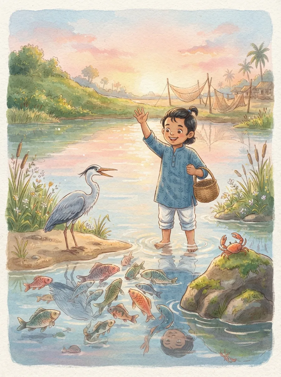 The Heron and the Crab: A heron with its beak open explaining to a crowd of fish